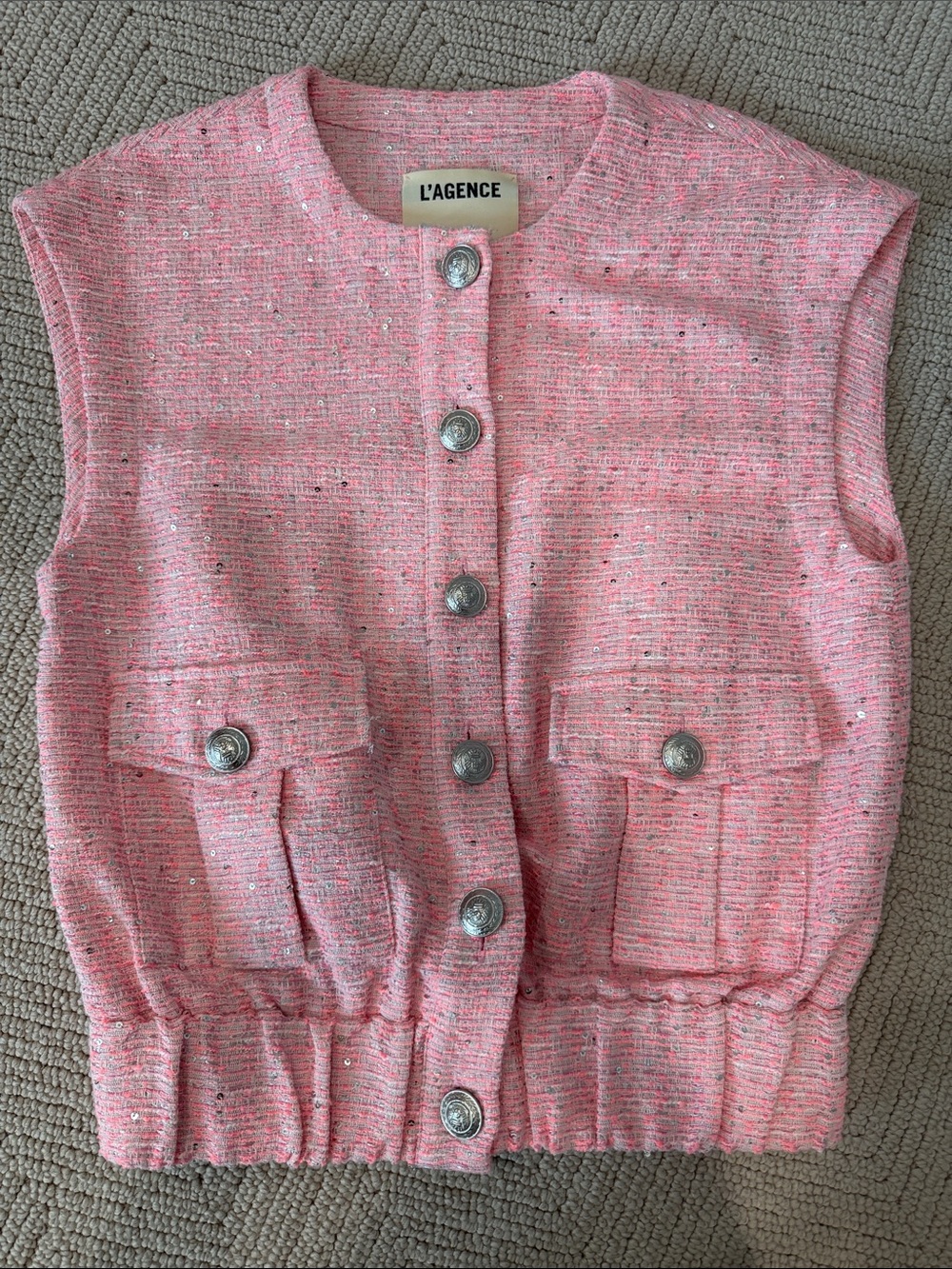 L'AGENCE Pink Sequined Tweed Button Vest